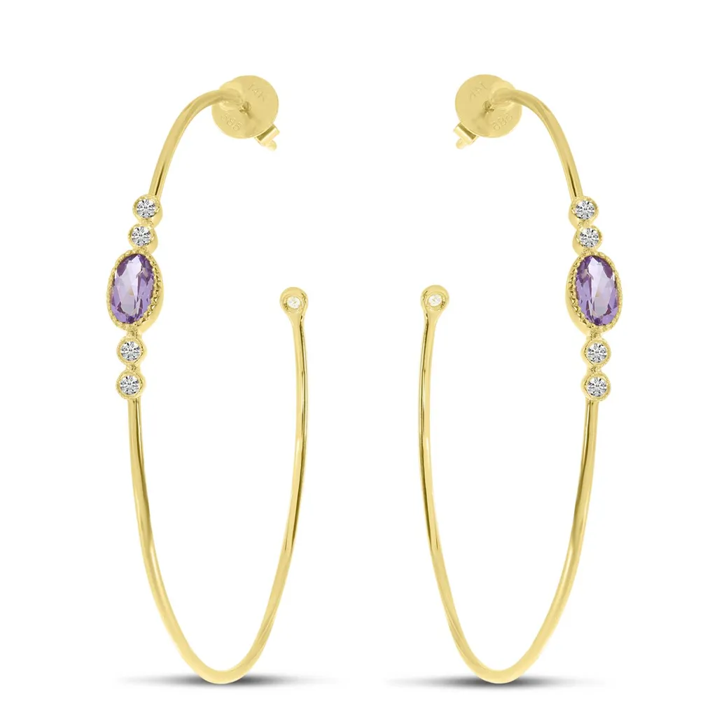 14K Yellow Gold Oval Amethyst & Diamond Hoop Earrings