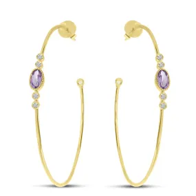 14K Yellow Gold Oval Amethyst & Diamond Hoop Earrings