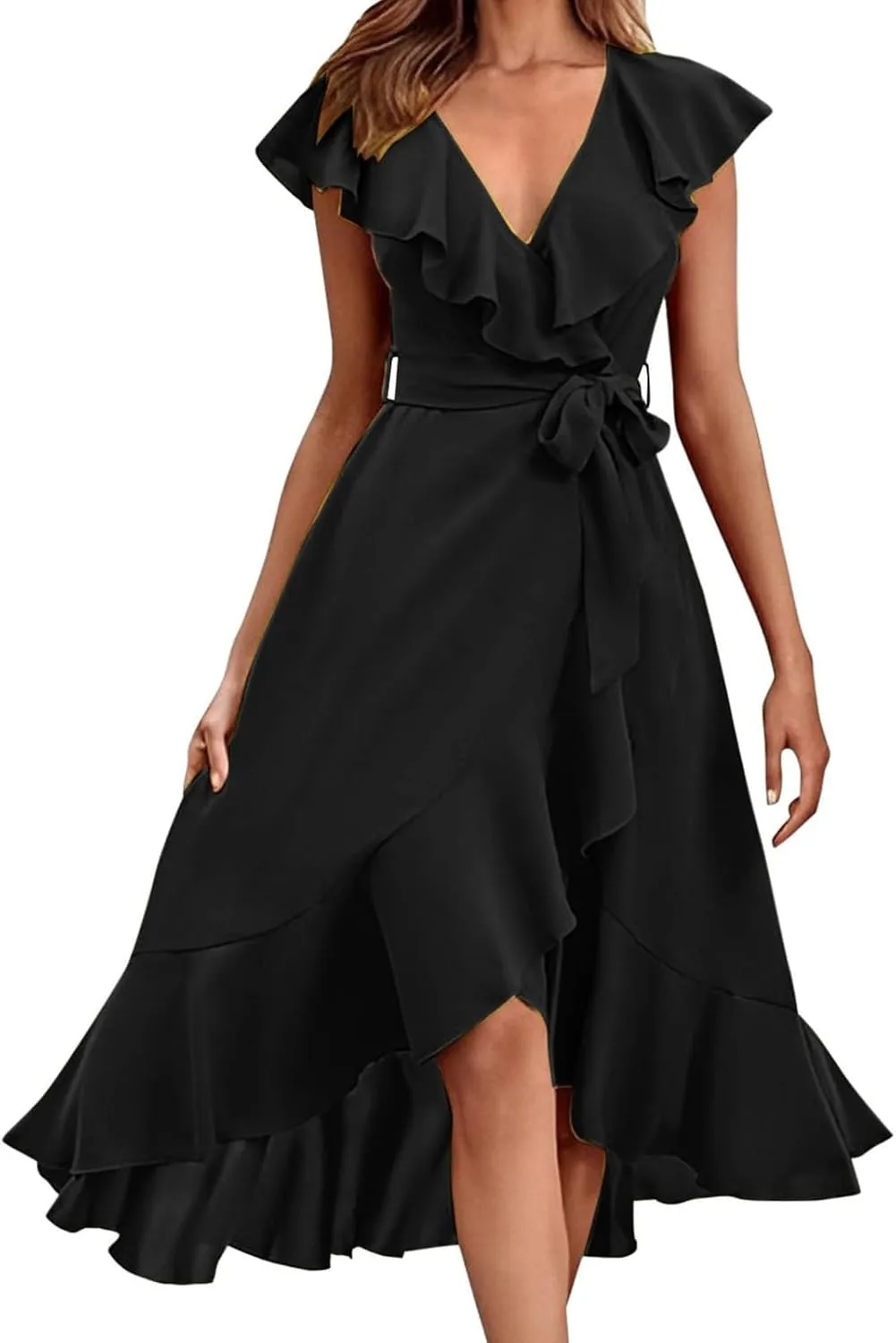 2025 Dresses for Women Summer Bohemian Wrap Midi Dress Sexy V Neck Wedding Guest Dress Ruffle Hem Split Beach Dresses