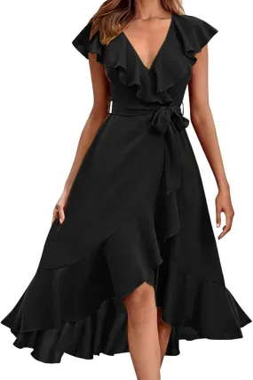 2025 Dresses for Women Summer Bohemian Wrap Midi Dress Sexy V Neck Wedding Guest Dress Ruffle Hem Split Beach Dresses