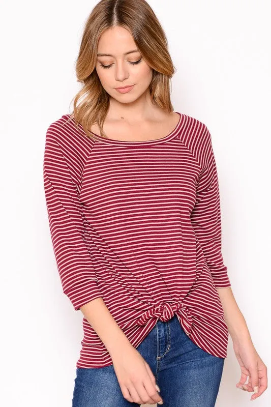 3/4 Sleeve Front Knot Detail Striped Top