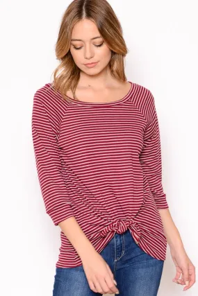 3/4 Sleeve Front Knot Detail Striped Top
