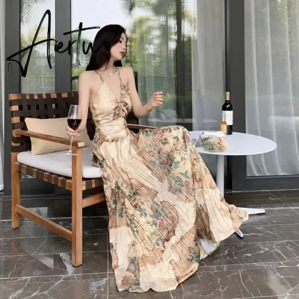 Aiertu 2024 New Oil Painting Vintage V-Neck Boho Sexy Strappy Dress Elegant French Style Summer Women's Long Vacation Beach Sundress