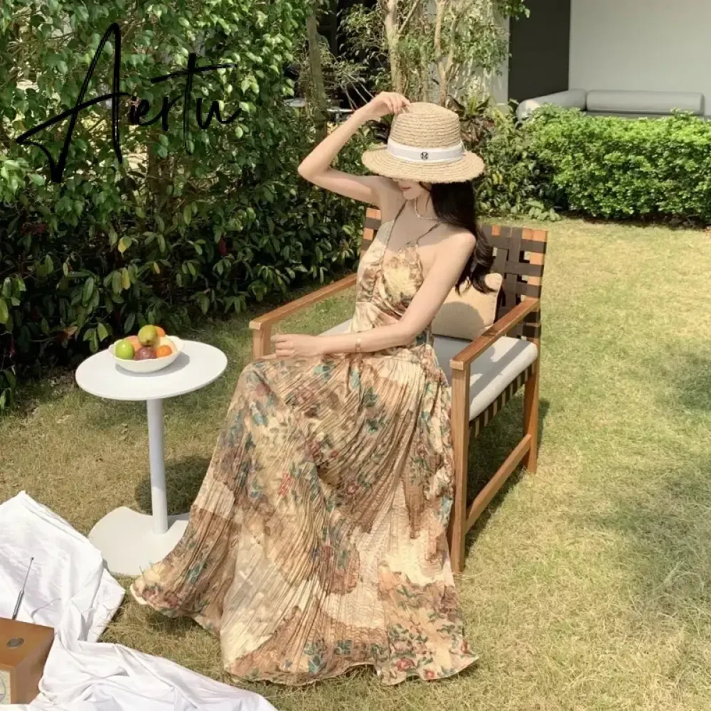 Aiertu 2024 New Oil Painting Vintage V-Neck Boho Sexy Strappy Dress Elegant French Style Summer Women's Long Vacation Beach Sundress