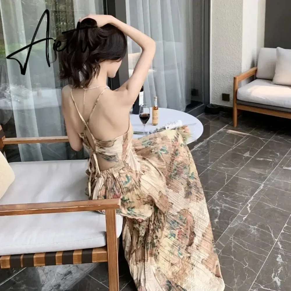 Aiertu 2024 New Oil Painting Vintage V-Neck Boho Sexy Strappy Dress Elegant French Style Summer Women's Long Vacation Beach Sundress