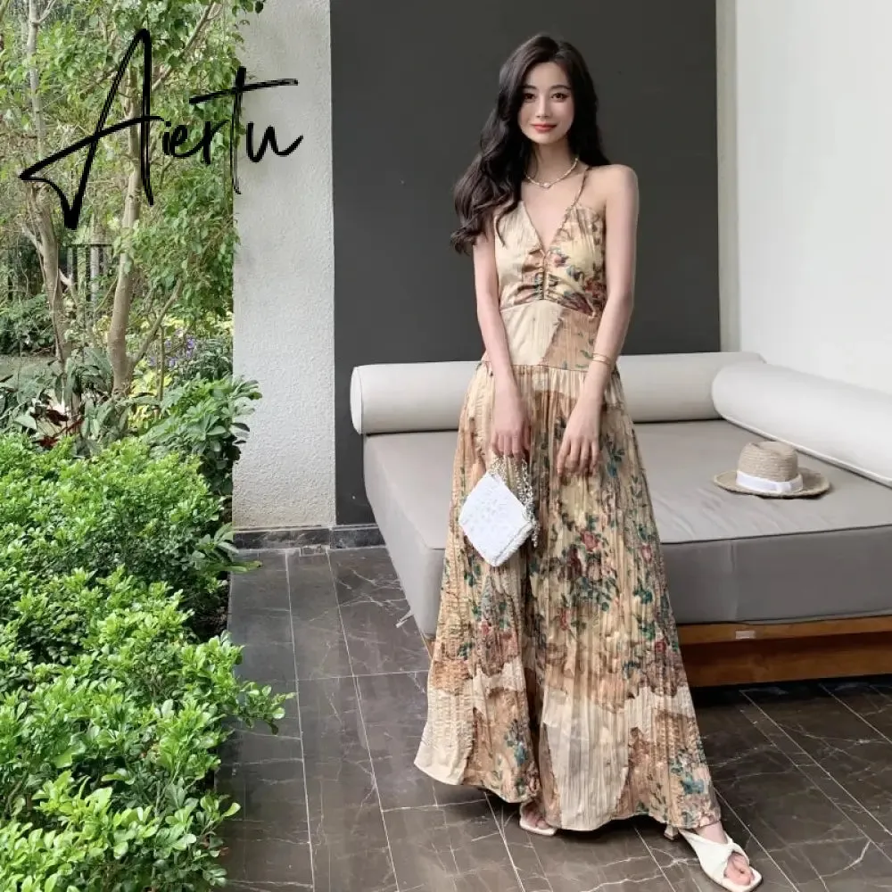 Aiertu 2024 New Oil Painting Vintage V-Neck Boho Sexy Strappy Dress Elegant French Style Summer Women's Long Vacation Beach Sundress