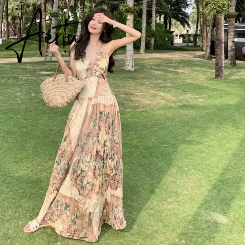 Aiertu 2024 New Oil Painting Vintage V-Neck Boho Sexy Strappy Dress Elegant French Style Summer Women's Long Vacation Beach Sundress