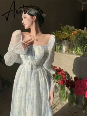 Aiertu Fairy Dress Holiday Floral Dress Women Summer Beach Dress Vintage Off Shoulder French Long Sleeve Midi Dress Elegant Femme Robe Sundress