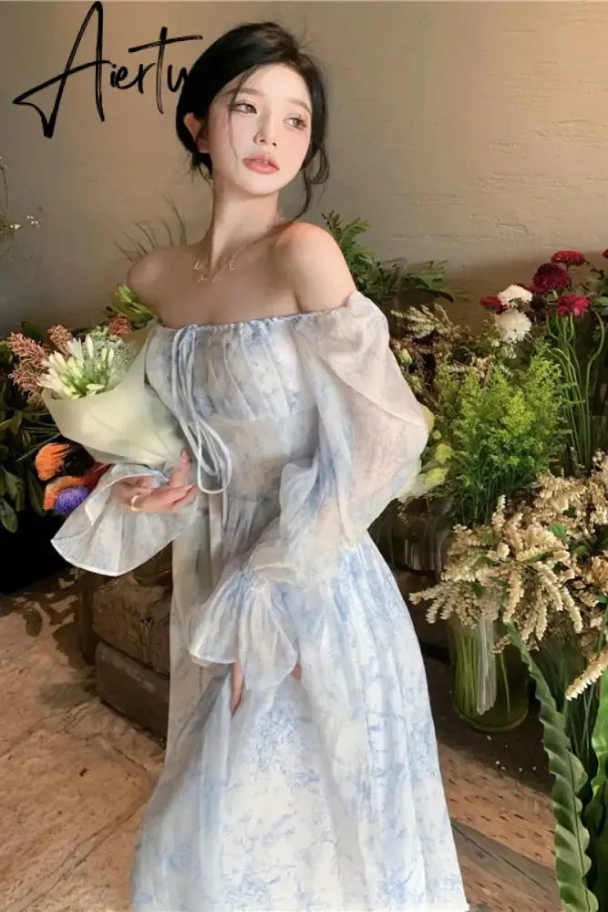 Aiertu Fairy Dress Holiday Floral Dress Women Summer Beach Dress Vintage Off Shoulder French Long Sleeve Midi Dress Elegant Femme Robe Sundress