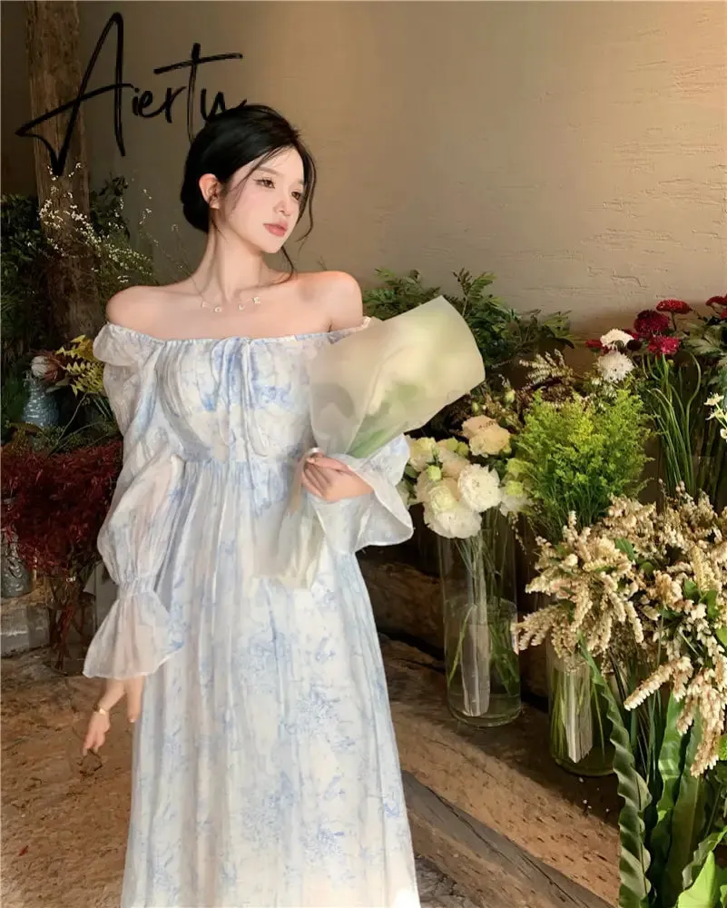 Aiertu Fairy Dress Holiday Floral Dress Women Summer Beach Dress Vintage Off Shoulder French Long Sleeve Midi Dress Elegant Femme Robe Sundress
