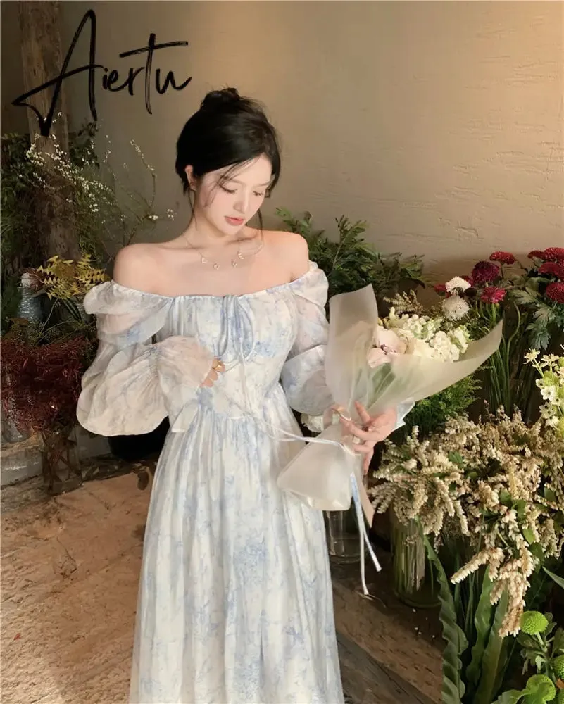 Aiertu Fairy Dress Holiday Floral Dress Women Summer Beach Dress Vintage Off Shoulder French Long Sleeve Midi Dress Elegant Femme Robe Sundress
