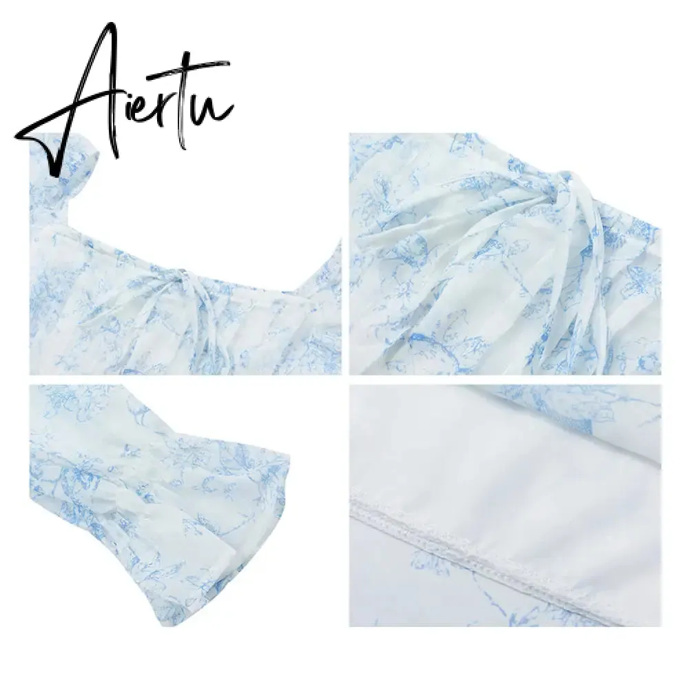Aiertu Fairy Dress Holiday Floral Dress Women Summer Beach Dress Vintage Off Shoulder French Long Sleeve Midi Dress Elegant Femme Robe Sundress