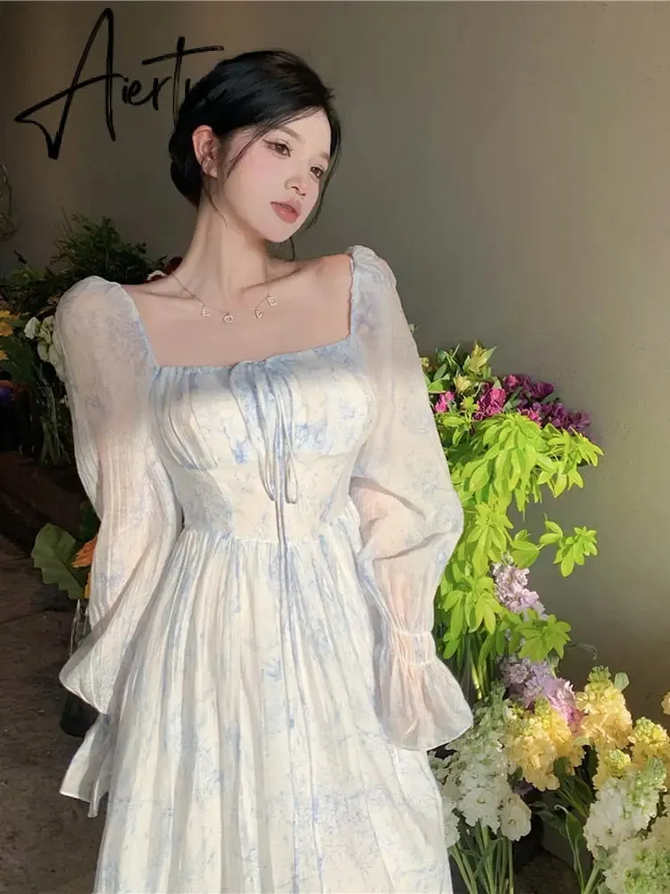 Aiertu Fairy Dress Holiday Floral Dress Women Summer Beach Dress Vintage Off Shoulder French Long Sleeve Midi Dress Elegant Femme Robe Sundress