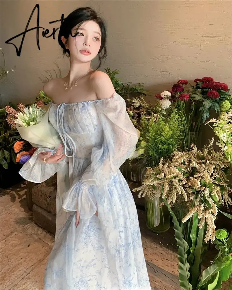 Aiertu Fairy Dress Holiday Floral Dress Women Summer Beach Dress Vintage Off Shoulder French Long Sleeve Midi Dress Elegant Femme Robe Sundress