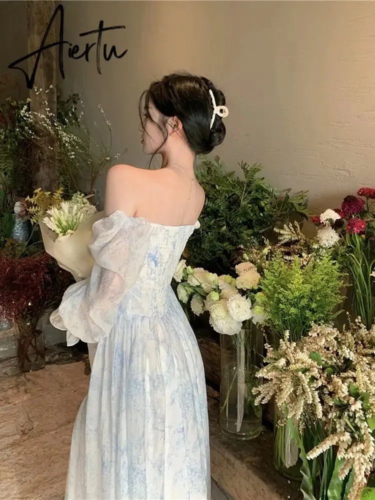 Aiertu Fairy Dress Holiday Floral Dress Women Summer Beach Dress Vintage Off Shoulder French Long Sleeve Midi Dress Elegant Femme Robe Sundress