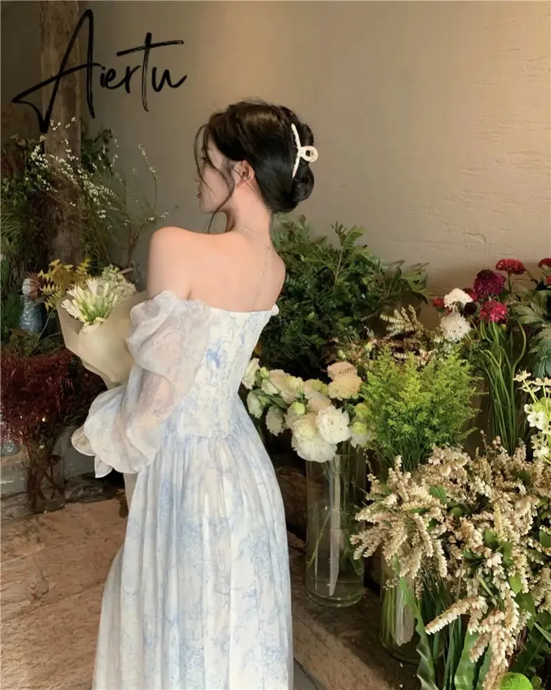 Aiertu Fairy Dress Holiday Floral Dress Women Summer Beach Dress Vintage Off Shoulder French Long Sleeve Midi Dress Elegant Femme Robe Sundress
