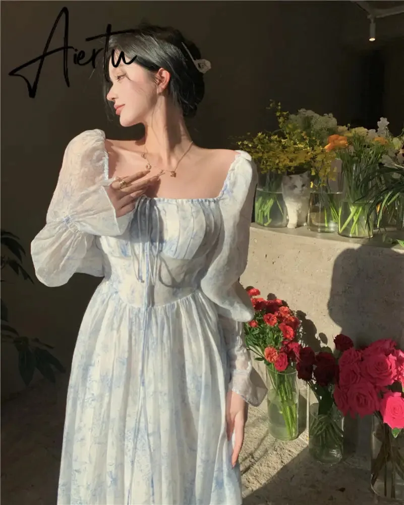 Aiertu Fairy Dress Holiday Floral Dress Women Summer Beach Dress Vintage Off Shoulder French Long Sleeve Midi Dress Elegant Femme Robe Sundress