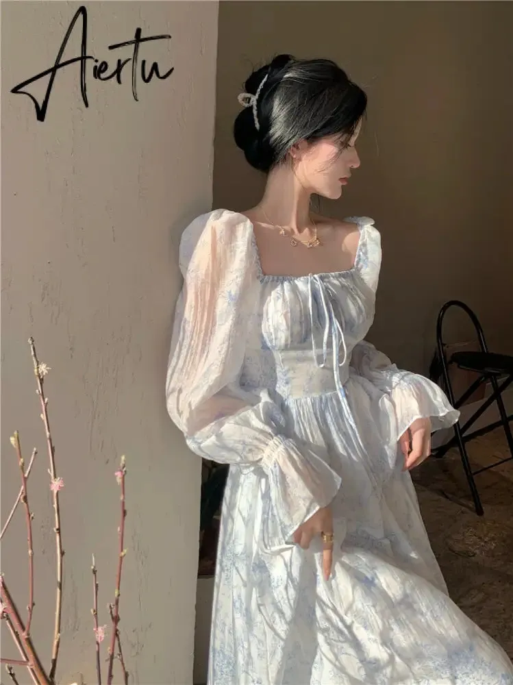 Aiertu Fairy Dress Holiday Floral Dress Women Summer Beach Dress Vintage Off Shoulder French Long Sleeve Midi Dress Elegant Femme Robe Sundress