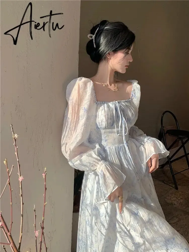 Aiertu Fairy Dress Holiday Floral Dress Women Summer Beach Dress Vintage Off Shoulder French Long Sleeve Midi Dress Elegant Femme Robe Sundress