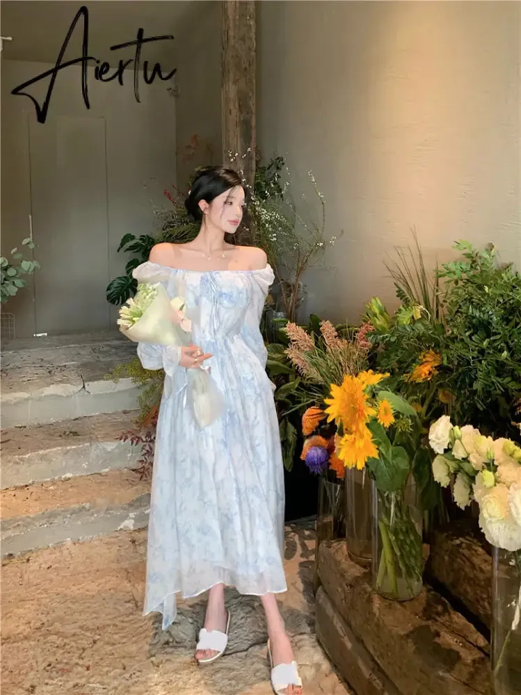 Aiertu Fairy Dress Holiday Floral Dress Women Summer Beach Dress Vintage Off Shoulder French Long Sleeve Midi Dress Elegant Femme Robe Sundress
