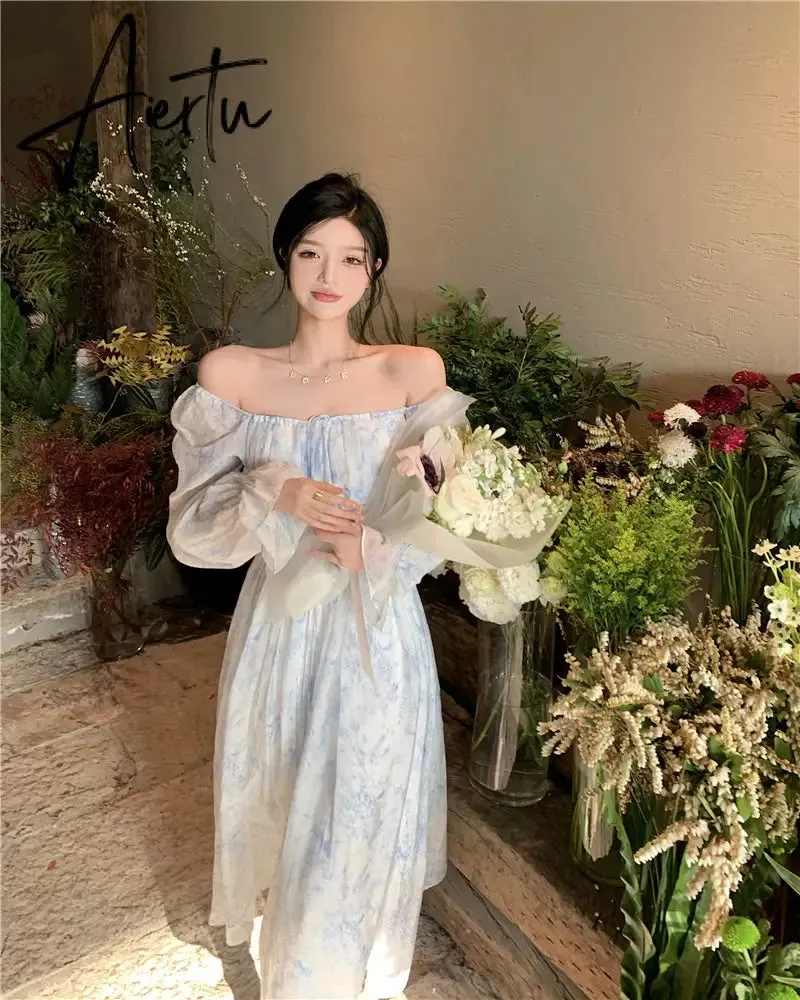 Aiertu Fairy Dress Holiday Floral Dress Women Summer Beach Dress Vintage Off Shoulder French Long Sleeve Midi Dress Elegant Femme Robe Sundress