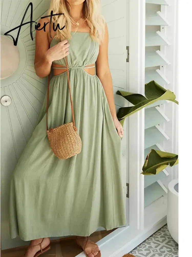 Aiertu Spaghetti Strap Waist Hollow Out Beige Summer Maxi Long Dress Solid Elegant Backless Sundress Casual Women Dress