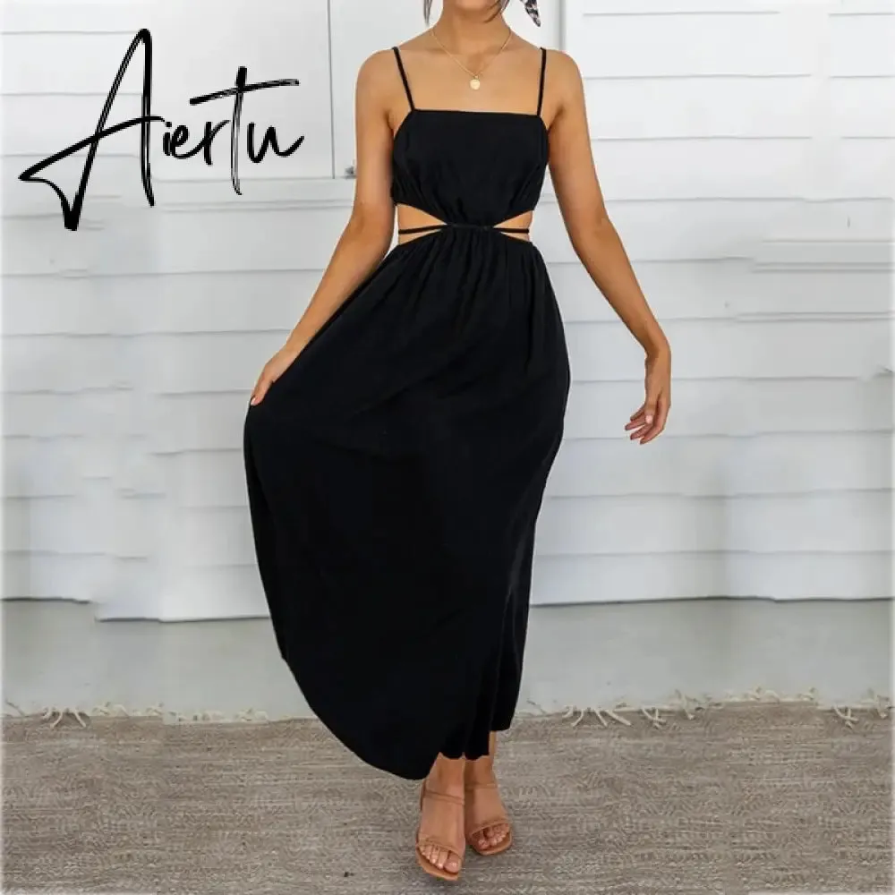 Aiertu Spaghetti Strap Waist Hollow Out Beige Summer Maxi Long Dress Solid Elegant Backless Sundress Casual Women Dress