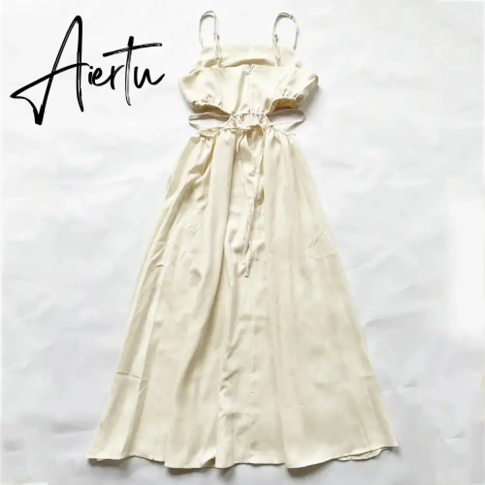 Aiertu Spaghetti Strap Waist Hollow Out Beige Summer Maxi Long Dress Solid Elegant Backless Sundress Casual Women Dress