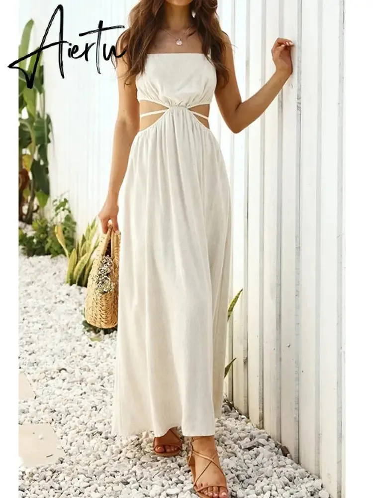 Aiertu Spaghetti Strap Waist Hollow Out Beige Summer Maxi Long Dress Solid Elegant Backless Sundress Casual Women Dress