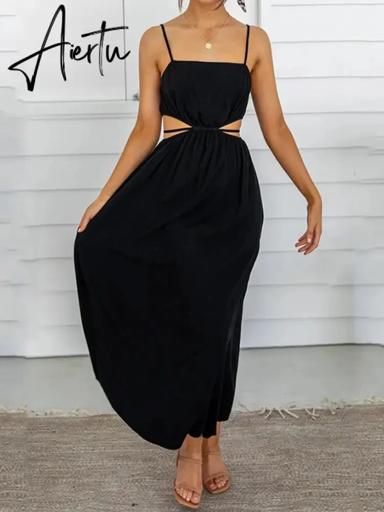 Aiertu Spaghetti Strap Waist Hollow Out Beige Summer Maxi Long Dress Solid Elegant Backless Sundress Casual Women Dress