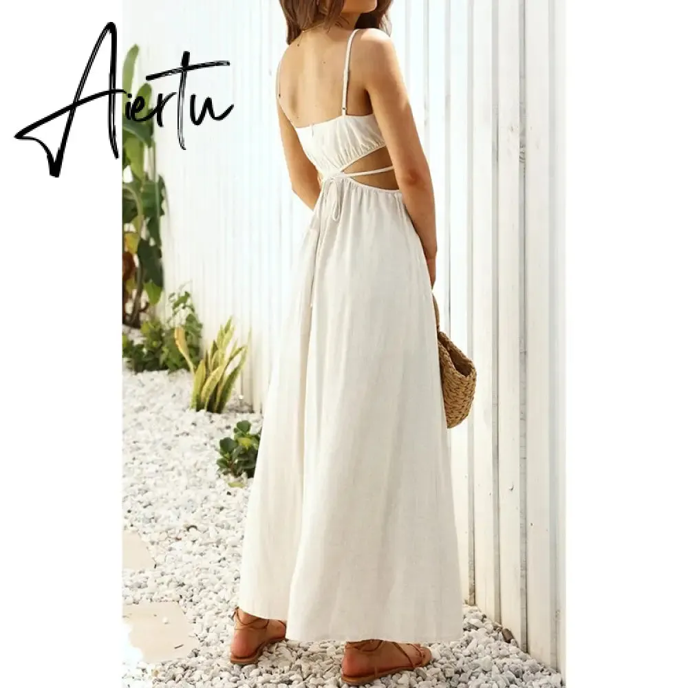 Aiertu Spaghetti Strap Waist Hollow Out Beige Summer Maxi Long Dress Solid Elegant Backless Sundress Casual Women Dress