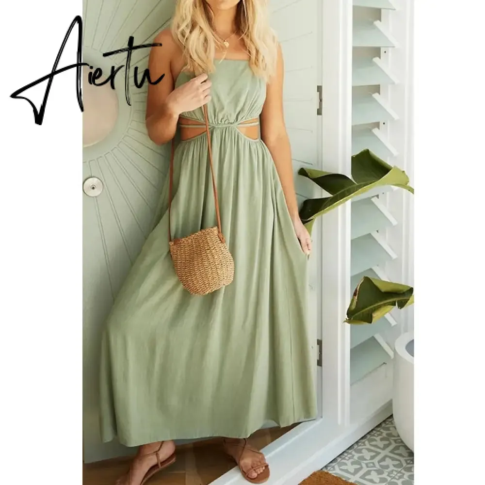 Aiertu Spaghetti Strap Waist Hollow Out Beige Summer Maxi Long Dress Solid Elegant Backless Sundress Casual Women Dress
