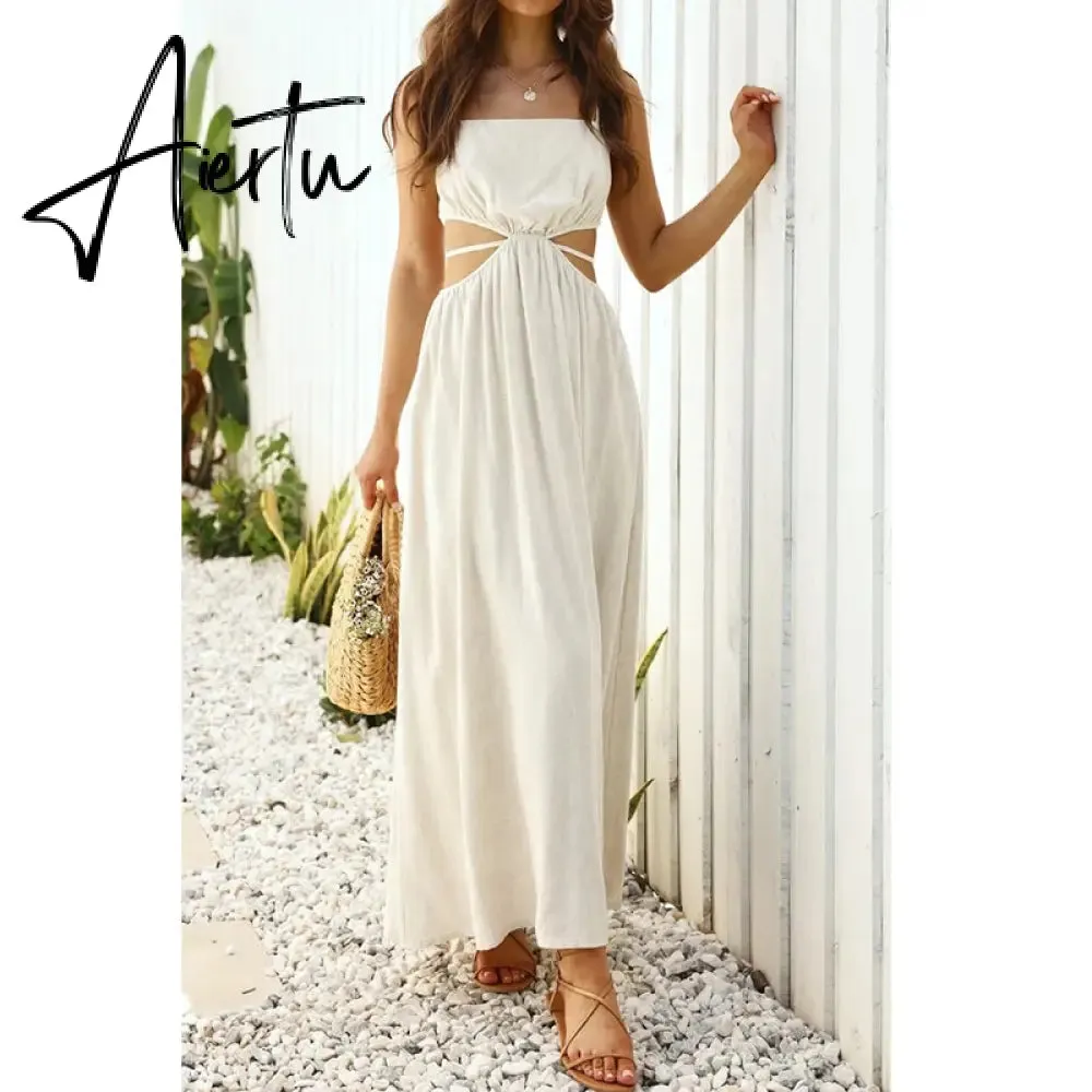 Aiertu Spaghetti Strap Waist Hollow Out Beige Summer Maxi Long Dress Solid Elegant Backless Sundress Casual Women Dress