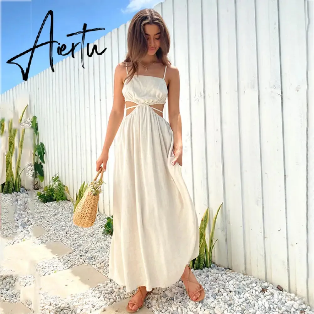 Aiertu Spaghetti Strap Waist Hollow Out Beige Summer Maxi Long Dress Solid Elegant Backless Sundress Casual Women Dress