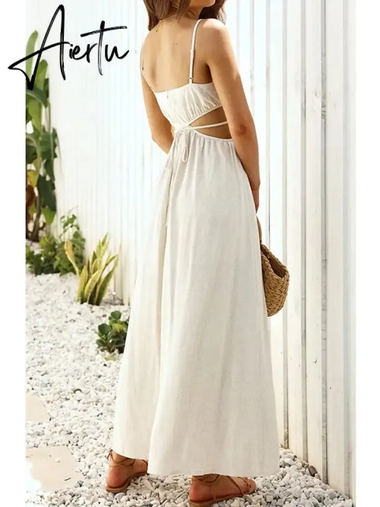 Aiertu Spaghetti Strap Waist Hollow Out Beige Summer Maxi Long Dress Solid Elegant Backless Sundress Casual Women Dress