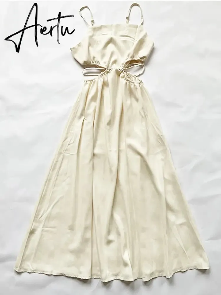 Aiertu Spaghetti Strap Waist Hollow Out Beige Summer Maxi Long Dress Solid Elegant Backless Sundress Casual Women Dress