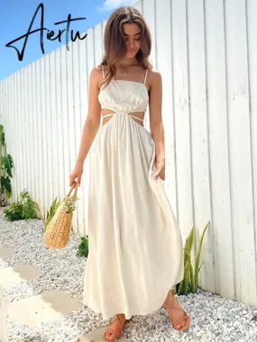 Aiertu Spaghetti Strap Waist Hollow Out Beige Summer Maxi Long Dress Solid Elegant Backless Sundress Casual Women Dress