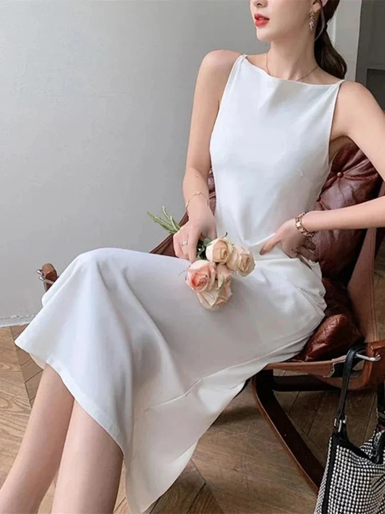 Amozae-2024 Elegant Women Dress Sexy Sleeveless Female Harajuku Party Midi Dress Casual Sundress Vestidos Mujer
