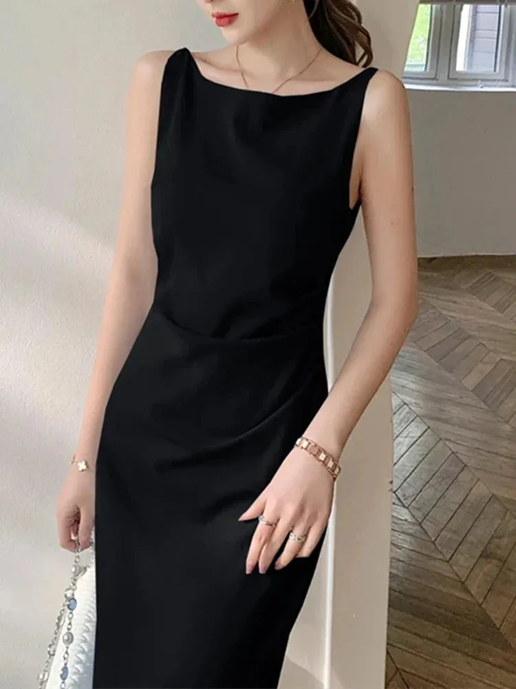 Amozae-2024 Elegant Women Dress Sexy Sleeveless Female Harajuku Party Midi Dress Casual Sundress Vestidos Mujer