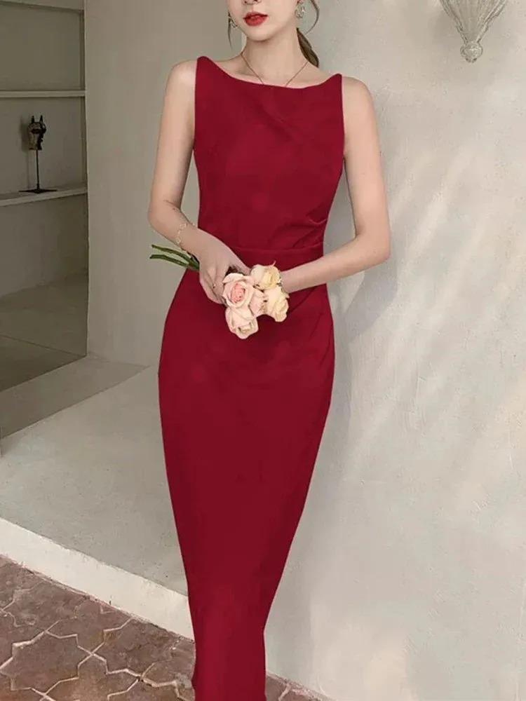 Amozae-2024 Elegant Women Dress Sexy Sleeveless Female Harajuku Party Midi Dress Casual Sundress Vestidos Mujer