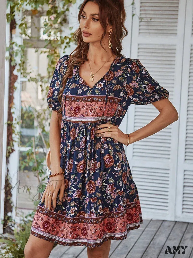 Amy Fashion - Elegant Lace-up Green Sundress Women Boho Dress