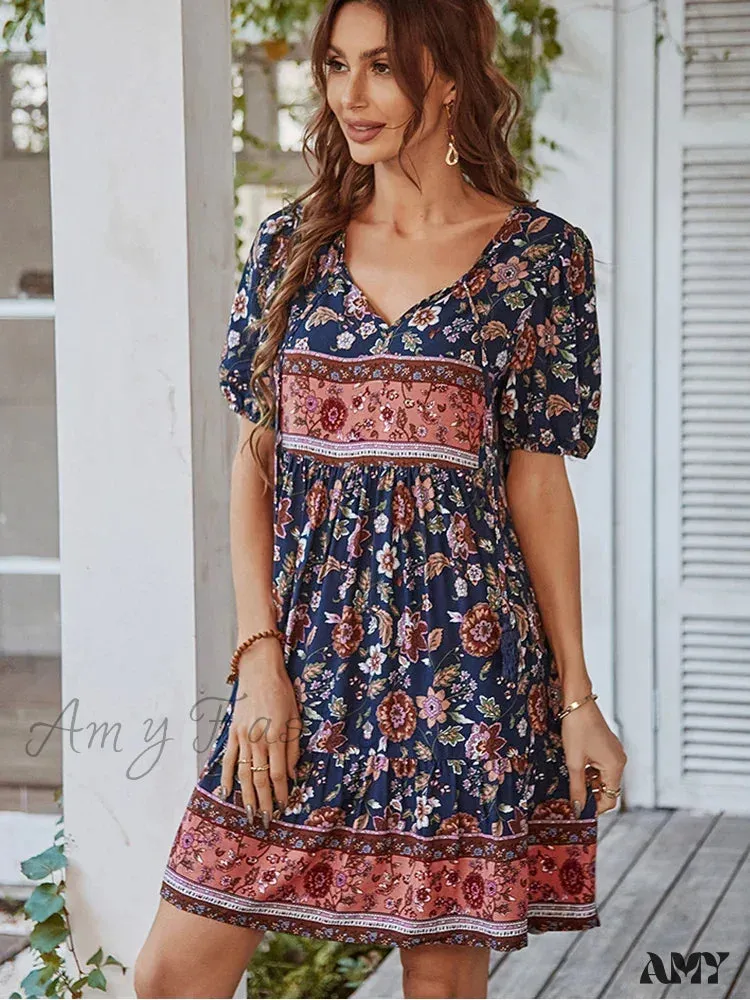 Amy Fashion - Elegant Lace-up Green Sundress Women Boho Dress