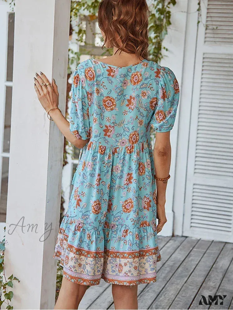 Amy Fashion - Elegant Lace-up Green Sundress Women Boho Dress
