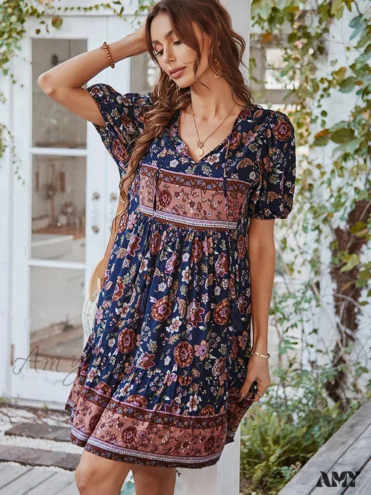 Amy Fashion - Elegant Lace-up Green Sundress Women Boho Dress