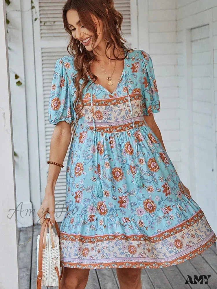 Amy Fashion - Elegant Lace-up Green Sundress Women Boho Dress