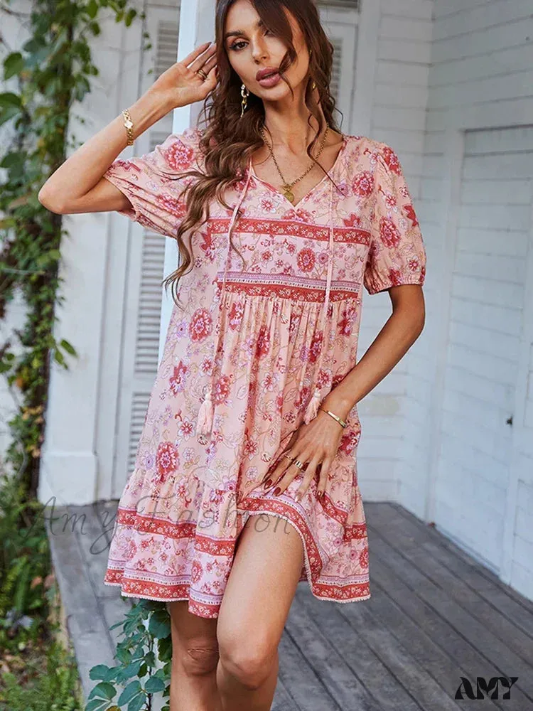 Amy Fashion - Elegant Lace-up Green Sundress Women Boho Dress