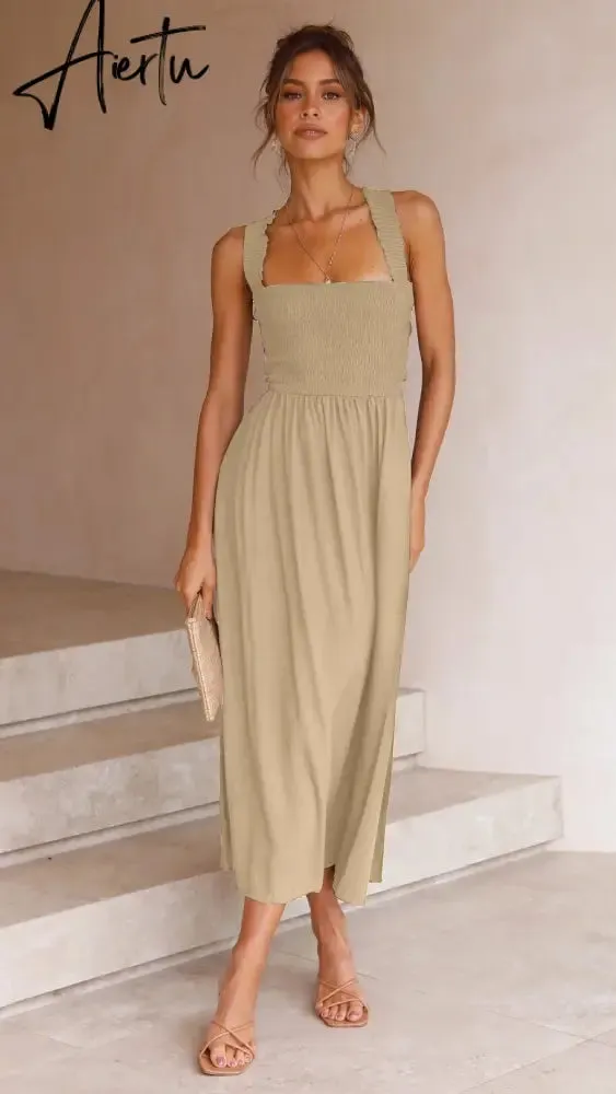 Backless Criss Cross Elastic Bust Somcking Orange Women A-line Elegant Maxi Dress Sundress Pockets Tank Solid Vestido Summer