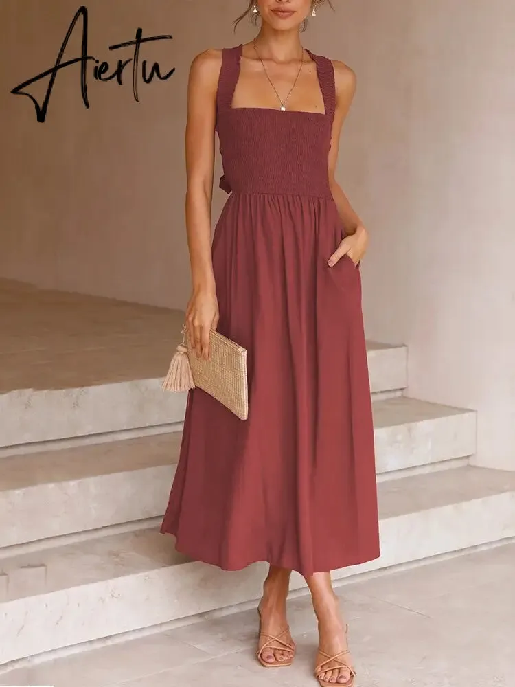 Backless Criss Cross Elastic Bust Somcking Orange Women A-line Elegant Maxi Dress Sundress Pockets Tank Solid Vestido Summer