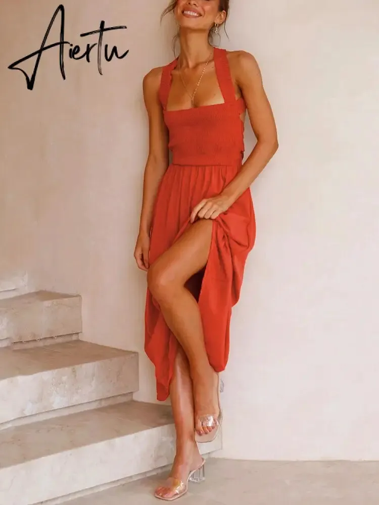 Backless Criss Cross Elastic Bust Somcking Orange Women A-line Elegant Maxi Dress Sundress Pockets Tank Solid Vestido Summer