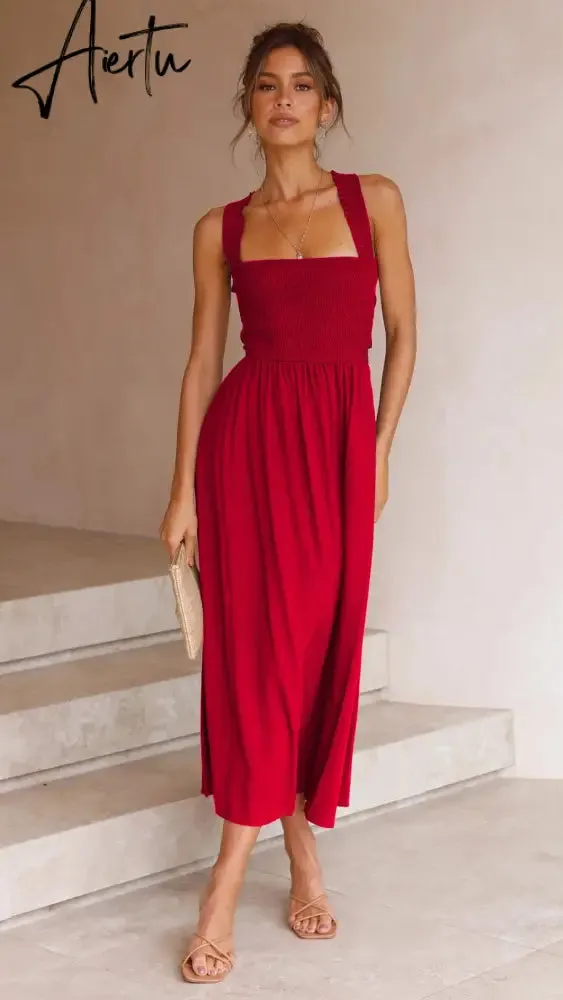 Backless Criss Cross Elastic Bust Somcking Orange Women A-line Elegant Maxi Dress Sundress Pockets Tank Solid Vestido Summer